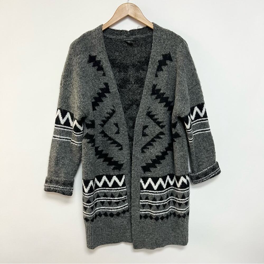 Tahari Duster Cardigan Sweater Aztec Print Charcoal Black Longline Medium